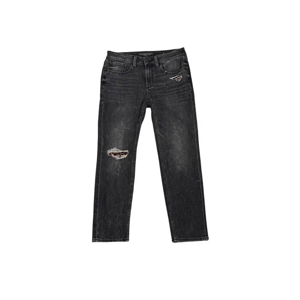 Chico's Jeans Boyfriend Ankle Black Denim Distressed Leopard Detail Size 2